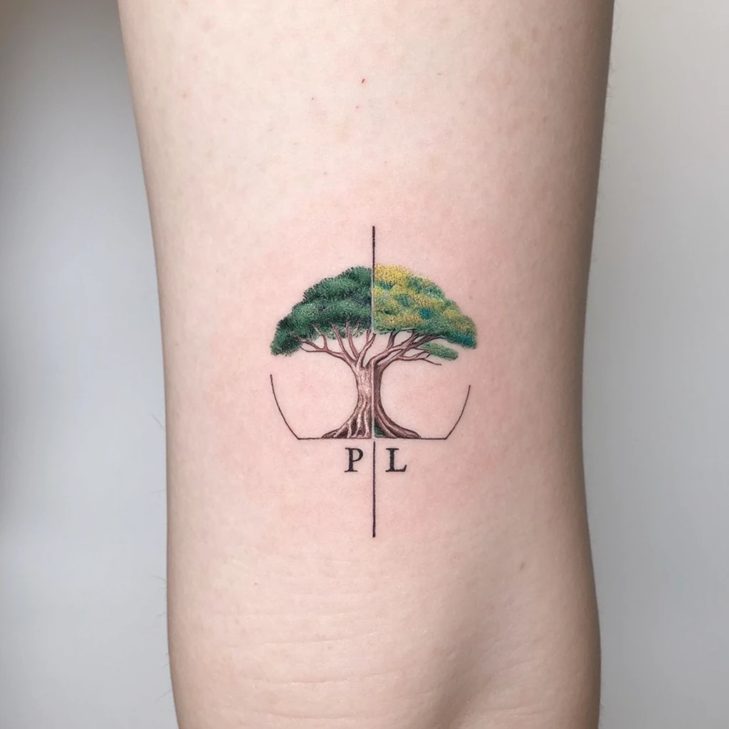 tatouage minimaliste et geometrique avec une moitié de fleche une moitié d'arbre symbolisé de maniere geometrique, trois lettre L, la lettre psy en grec et un rond en pointillé-tattoo