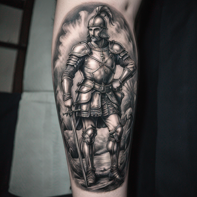 un chevalier templier en armure en noir et blanc simple sans ombrage dans le style gravure-tattoo