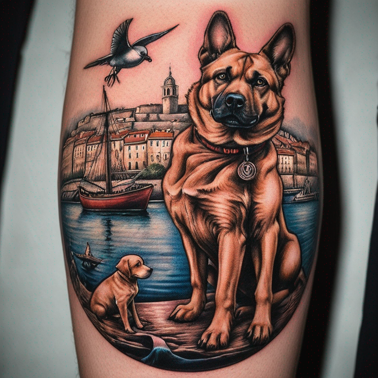 vieux port de marseille avec un pêcheur avec un chien, des oiseaux, la bonne mère et le logo de l'om-tattoo