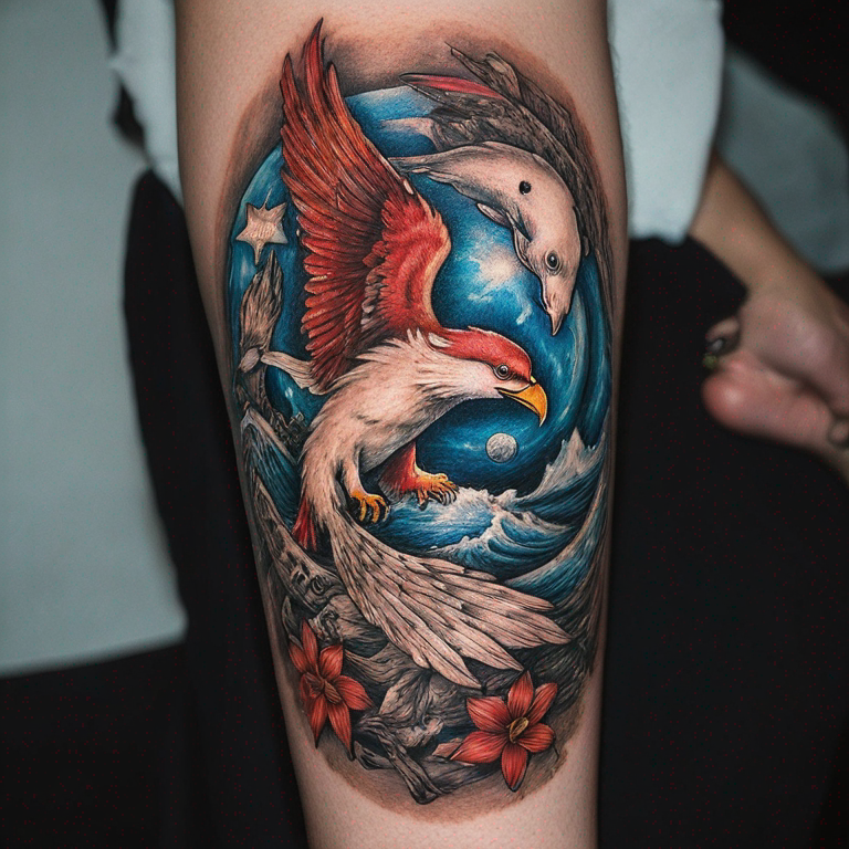 un aigle avec l'étoile du philippines et des poissons en ying yang-tattoo