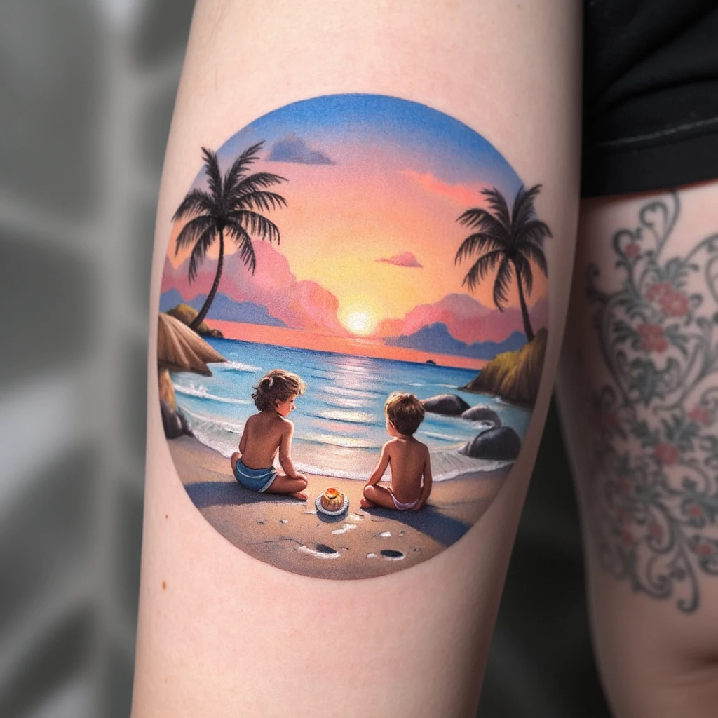 image de moi et de mes deux garçons devant un couché de soleil sur une plage-tattoo