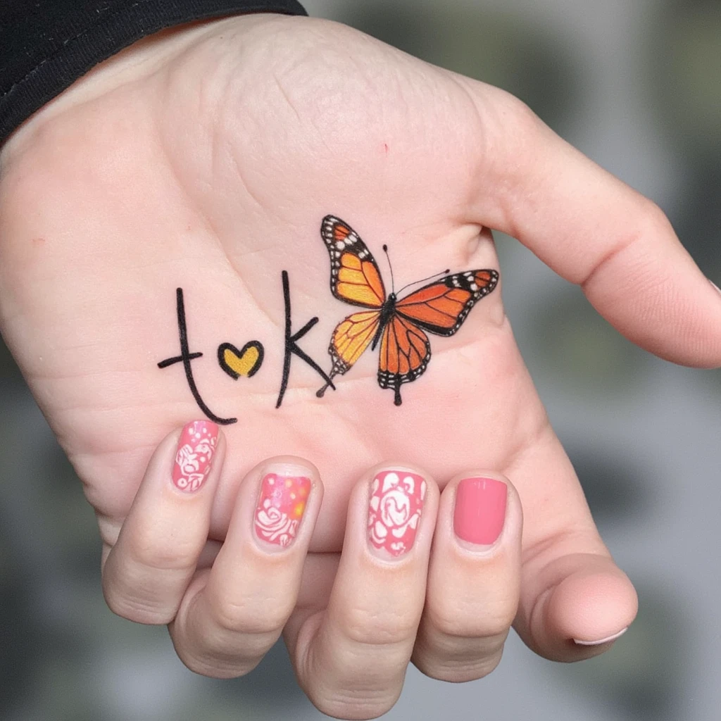 mélange de lierre, coquelicot, pissenlit, une lettre l liée a un demi papillon-tattoo