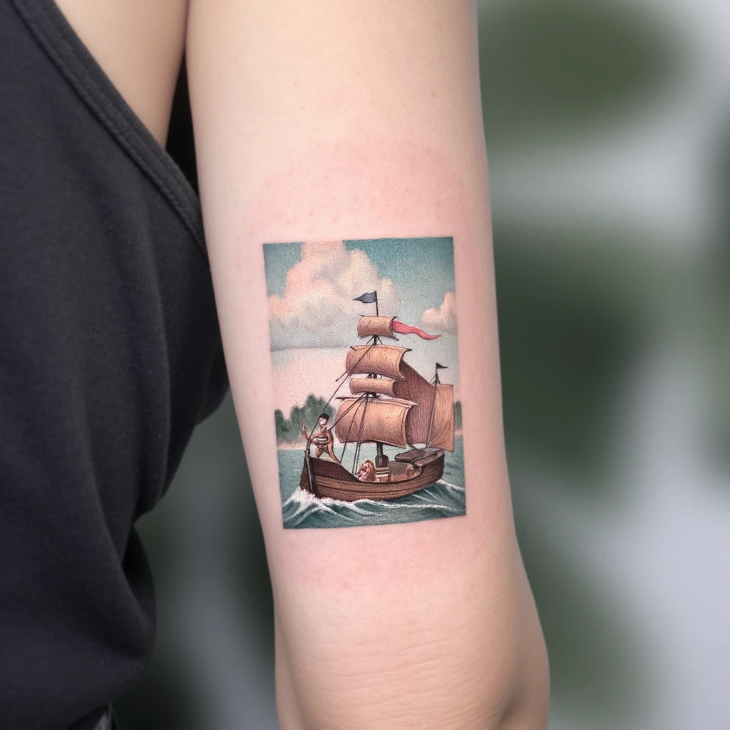 bateau a l'ancienne qui représente la sagesse et le depassenment de soit-tattoo