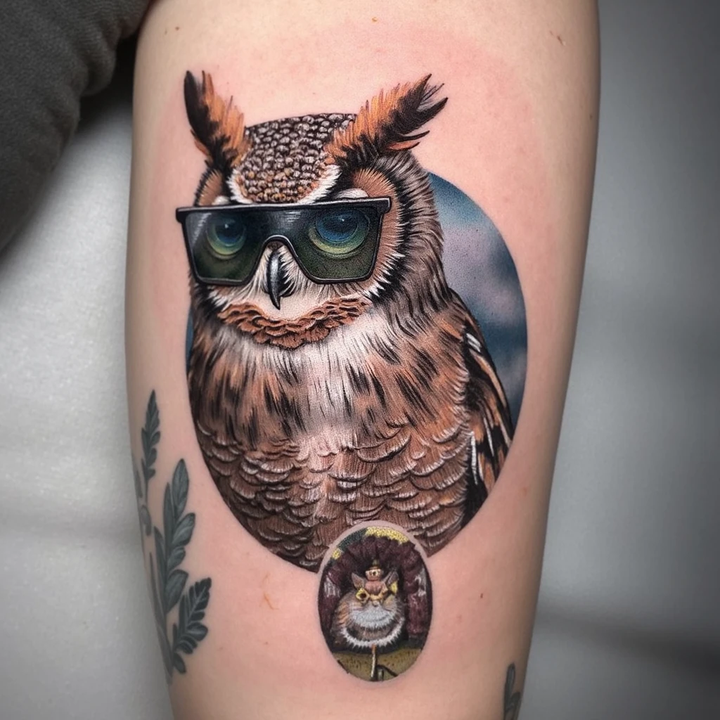 old school style owl with black glasses-tattoo