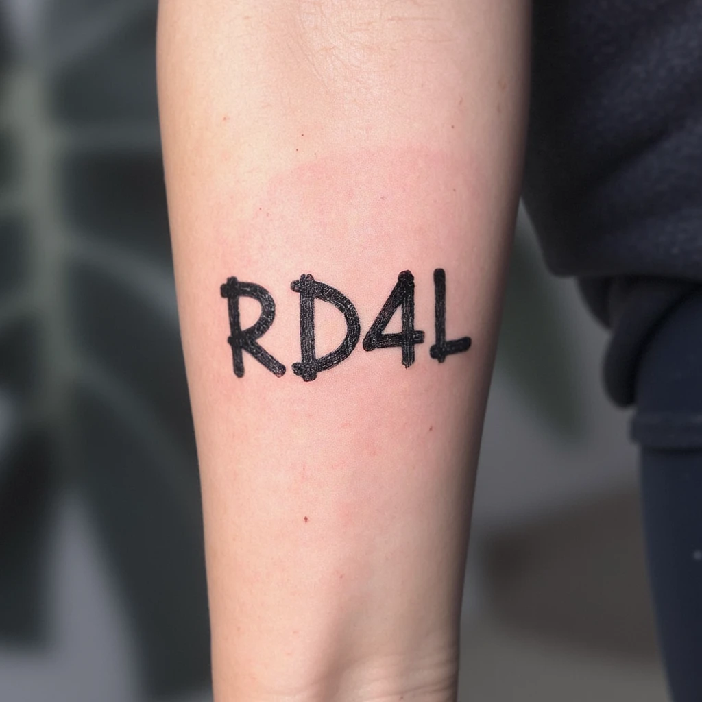 scritta "RD4L" avambraccio esterno sinistro con font industriale-tattoo