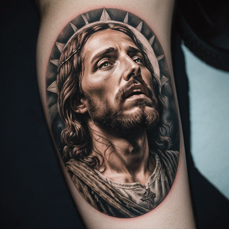 Un tatouage de jesus qui regarde vers le bas avec un sentiment de d’épis en noir et blanc-tattoo