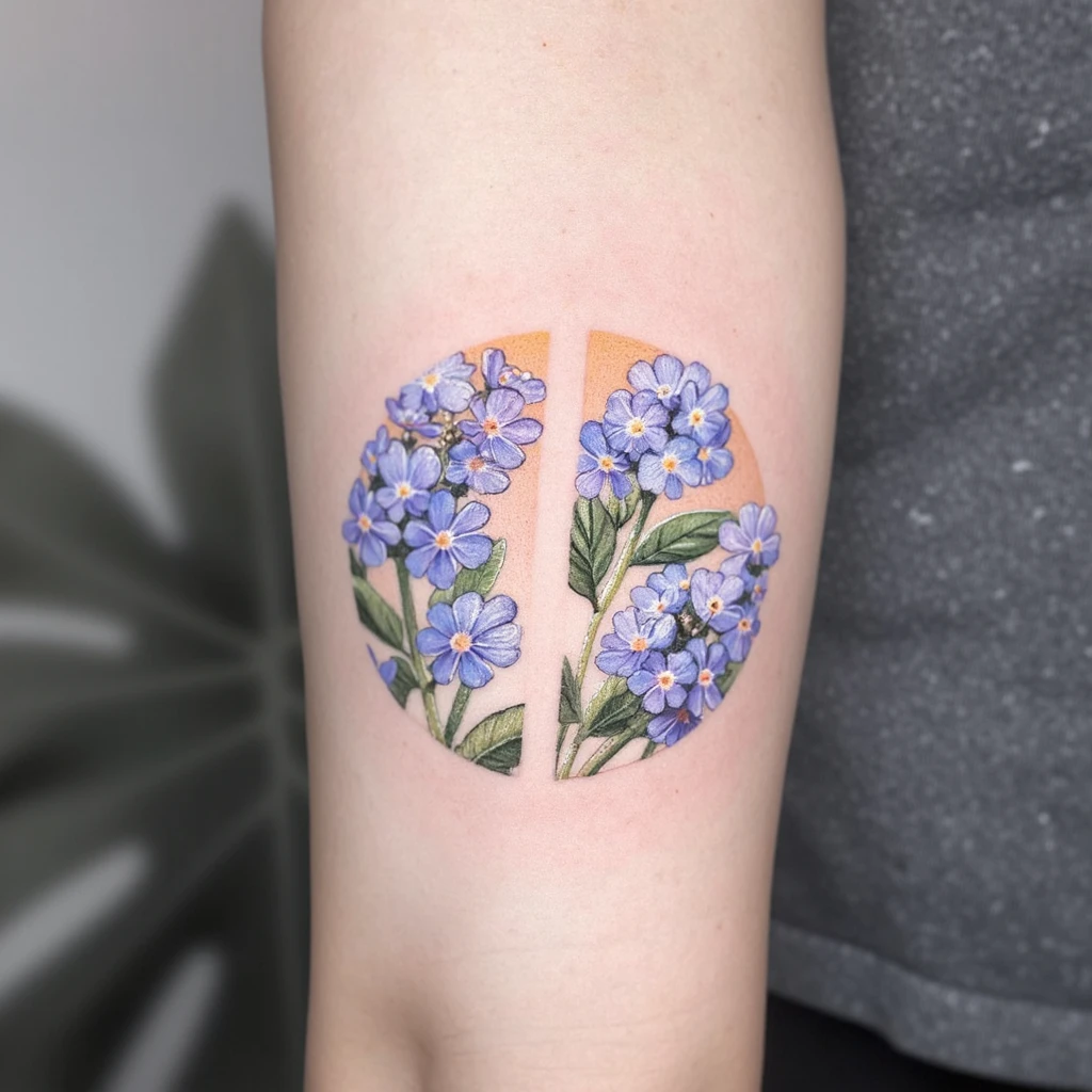 ca serait 4 forget me not mais dans le style un peu ombragé qui partirait de l'épaule et irait jusqu'au dessus du plie coude-tattoo