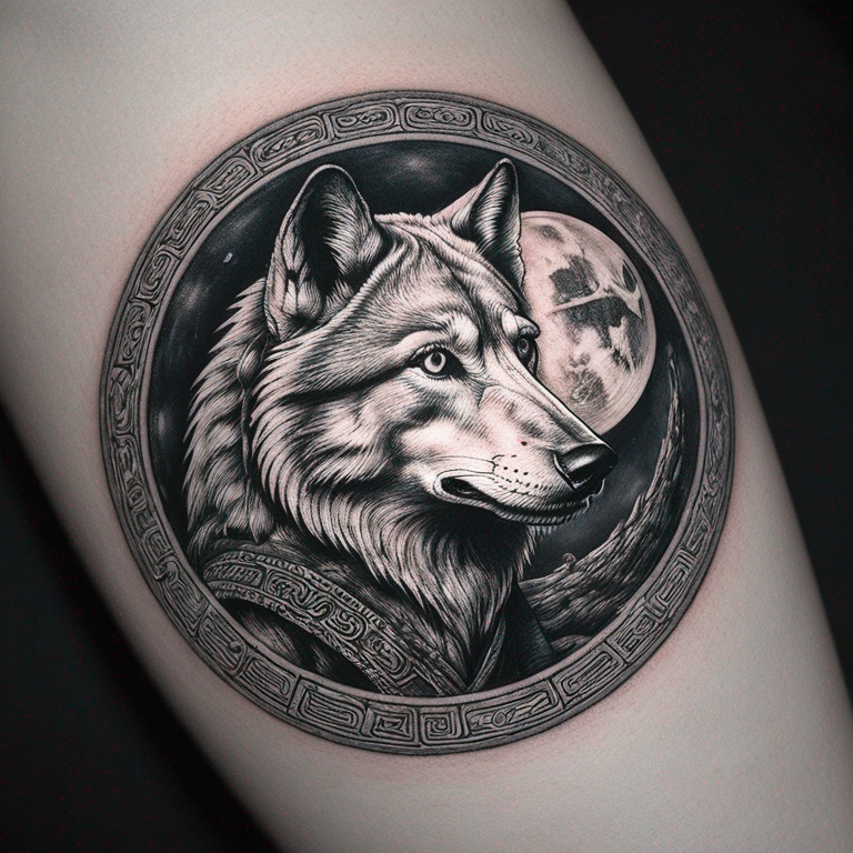 un loup noir stylisé en entrelacs celtiques combattant face à un loup blanc, dans un cercle, et autour de ce cercle, écrit "memento mori" en police chomsky-tattoo