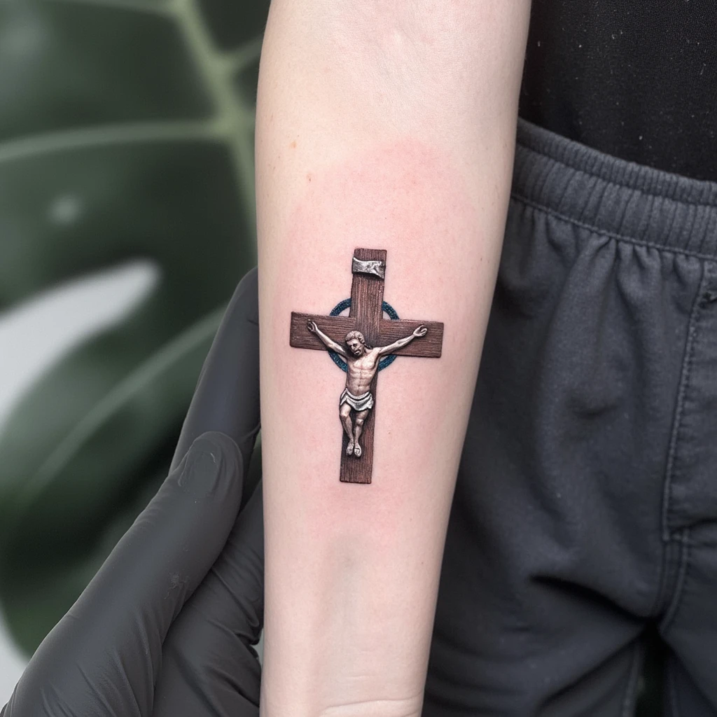 crois chretienne avec chapelet autour de la crois avec un scorpoin-tattoo