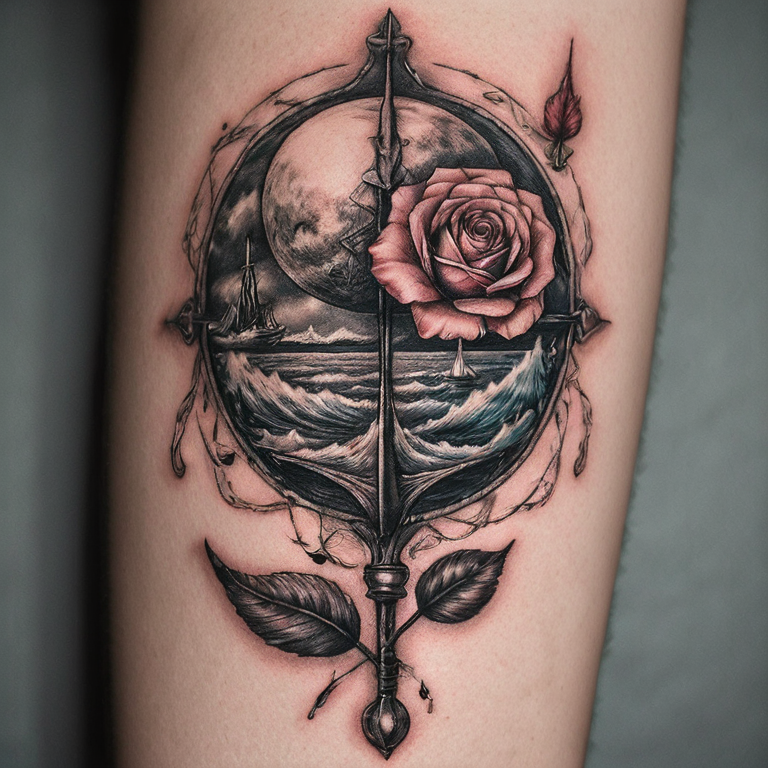 la carte du monde avec une rose des vent et une plume-tattoo