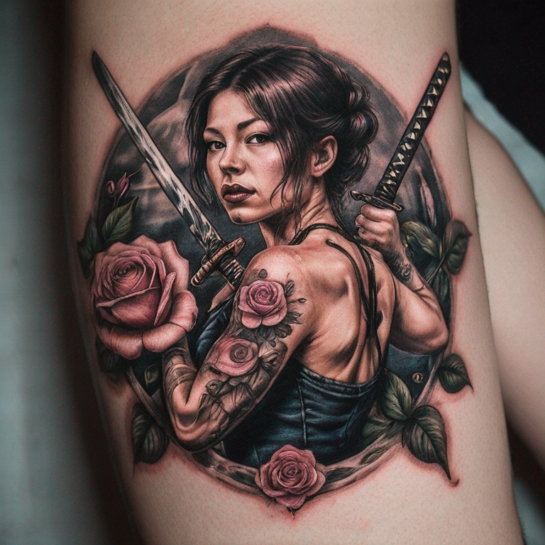 katana et fleur de laurier-rose enroulée autour-tattoo