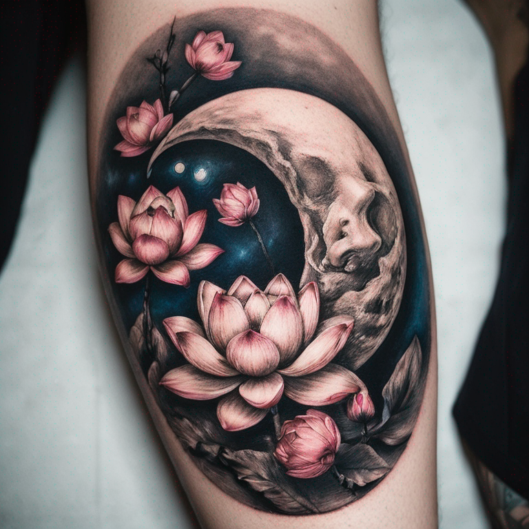 Croissant de lune avec des fleurs de cerisier en haut et une fleur de lotus en bas-tattoo