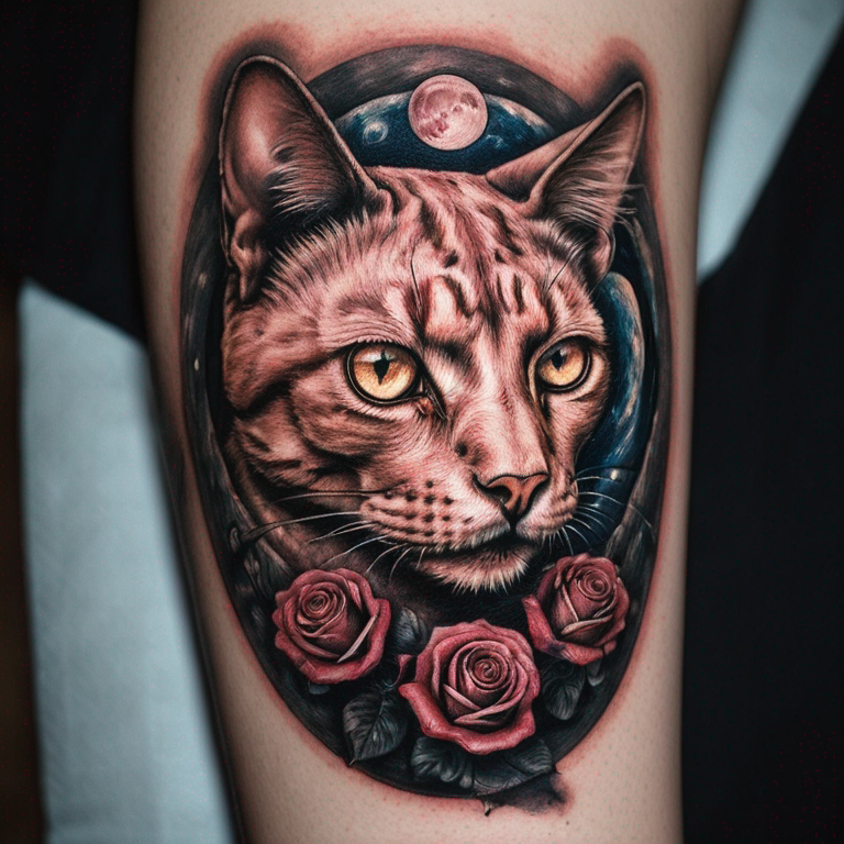 gato negro con los ojos cerrados rodeado de rosas bajo la luna llena-tattoo