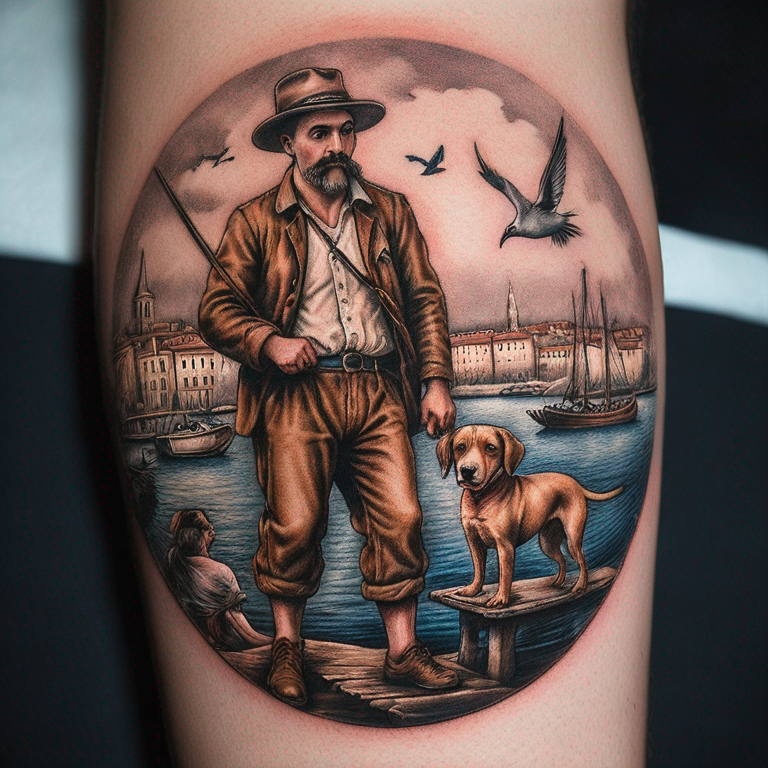 vieux port de marseille avec un pêcheur avec un chien, des oiseaux, la bonne mère et le logo de l'om-tattoo