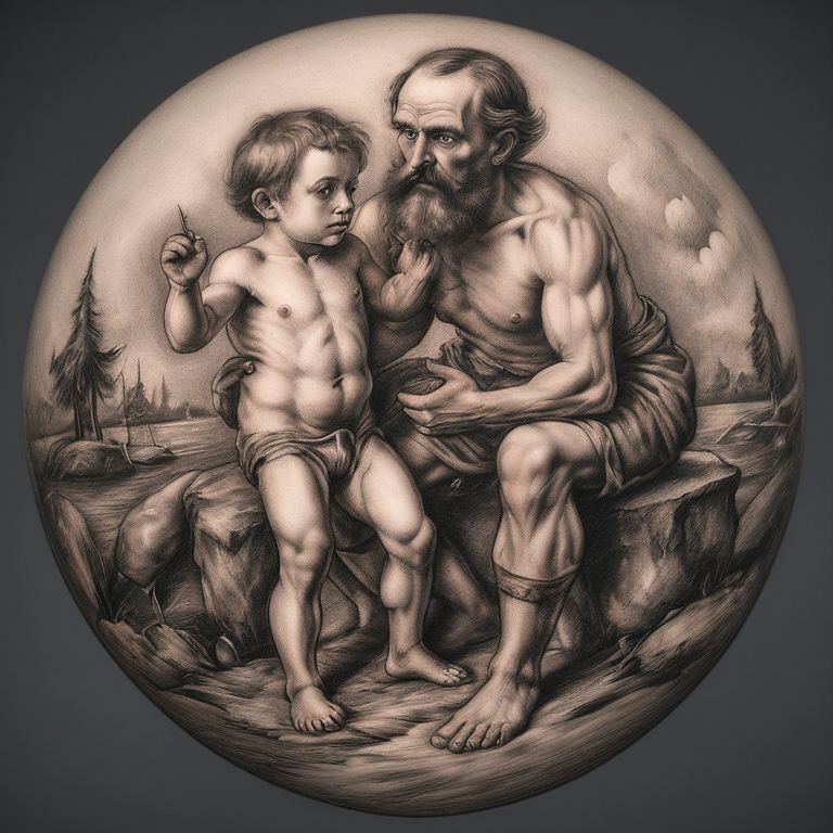 Un pere qui abandonne son fils et son fils part vers dieu le pere (chretien) le petit garcon s’en va en courant et baissant la tete. Ils sont dos a dos, cest une scene eloignee-tattoo