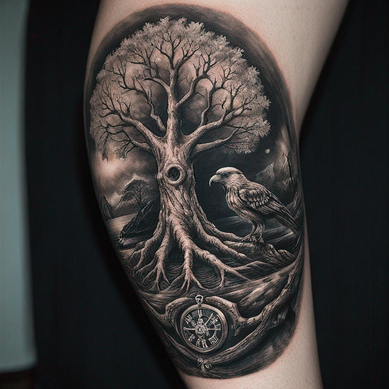 árbol de la vida con cuervo negro, drakar y vegvisir-tattoo