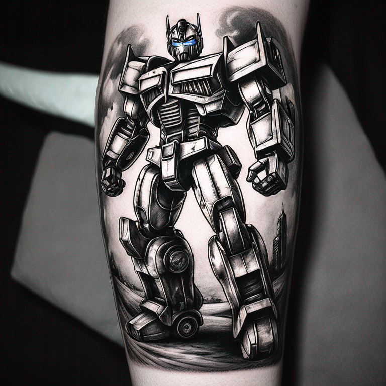 optimus prime des transformers en mode comics en noir et blanc avec en fond une sorte de grosse griffe-tattoo