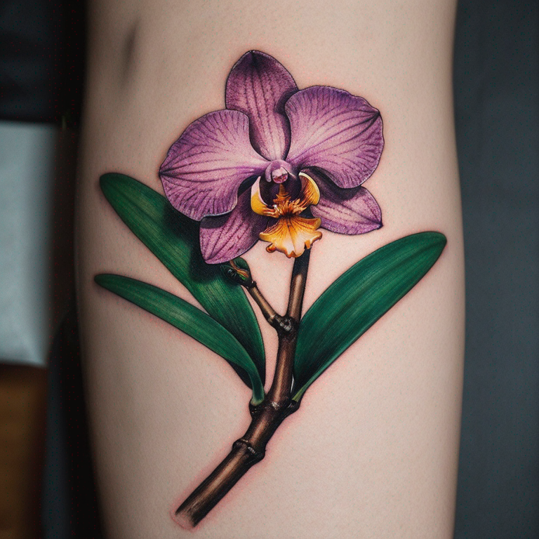 Tatouage sur la cheville  d'une branche d'orchidée longue, fine et élégante-tattoo