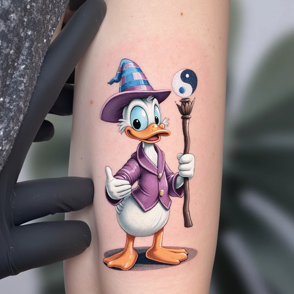 drawing and tattoo of Disney's Scrooge McDuck holding just a wizard's staff with a visible yang-ying symbol at the top-tattoo