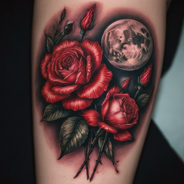 un tatouage fleuri avec des roses rouges,des lycoris rouges-tattoo