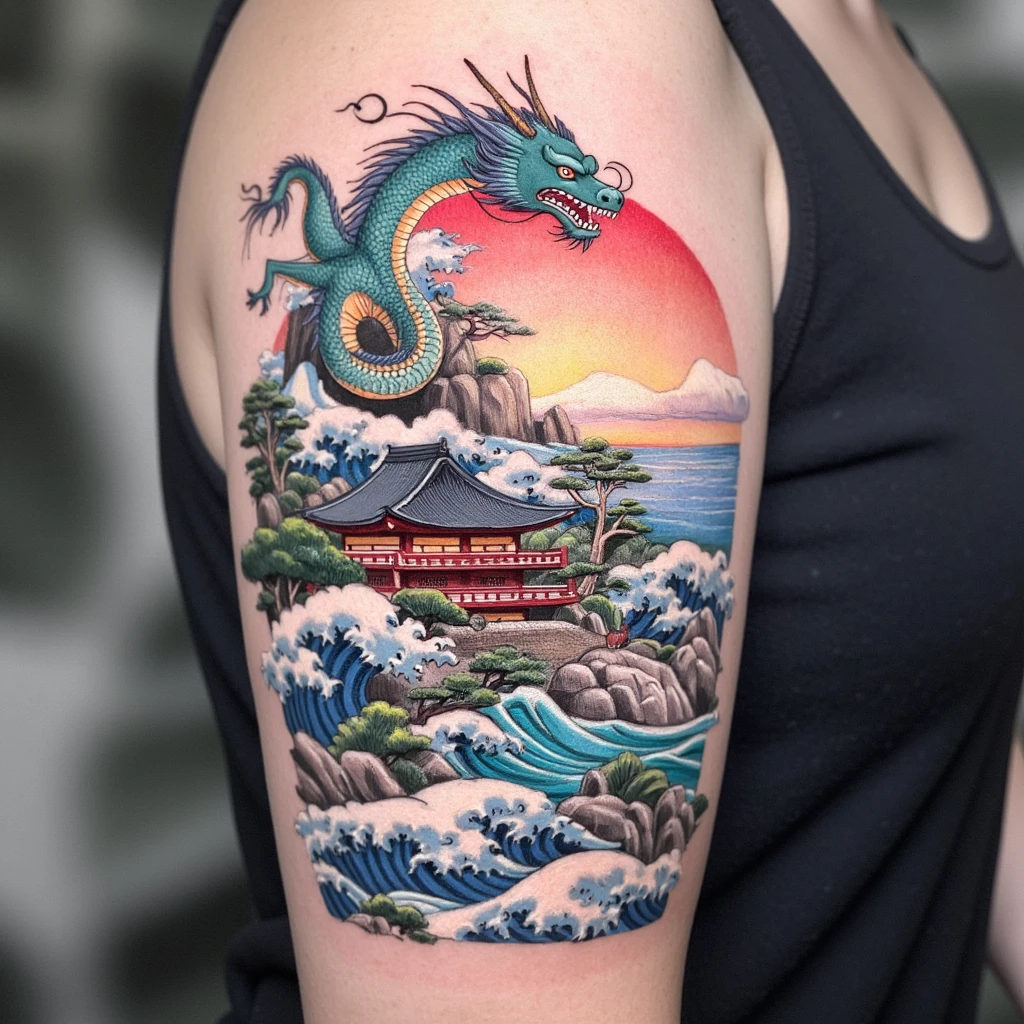 a tattoo sleve style japanese. It sould include a dragon, clouds or sea,and an old japanese temple-tattoo