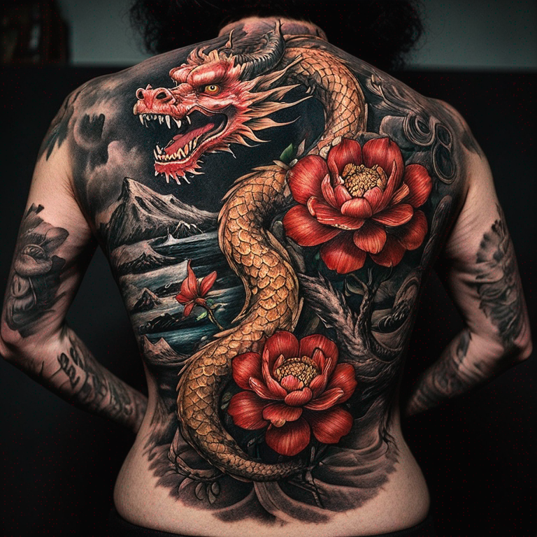 flores japonesas a color con complementos de dragones delgados para los brazos en grises y rojo-tattoo