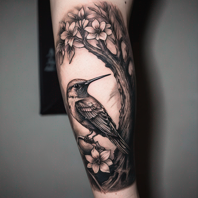 Colibri sur l'épaule d'une silhouette homme qui à les pieds reliés aux racines d'un arbre feuillus-tattoo