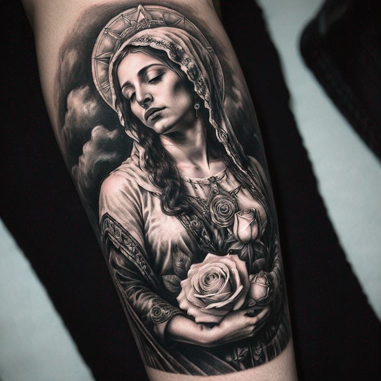 virgen del socavon en blanco y negro con rosas alrededor-tattoo