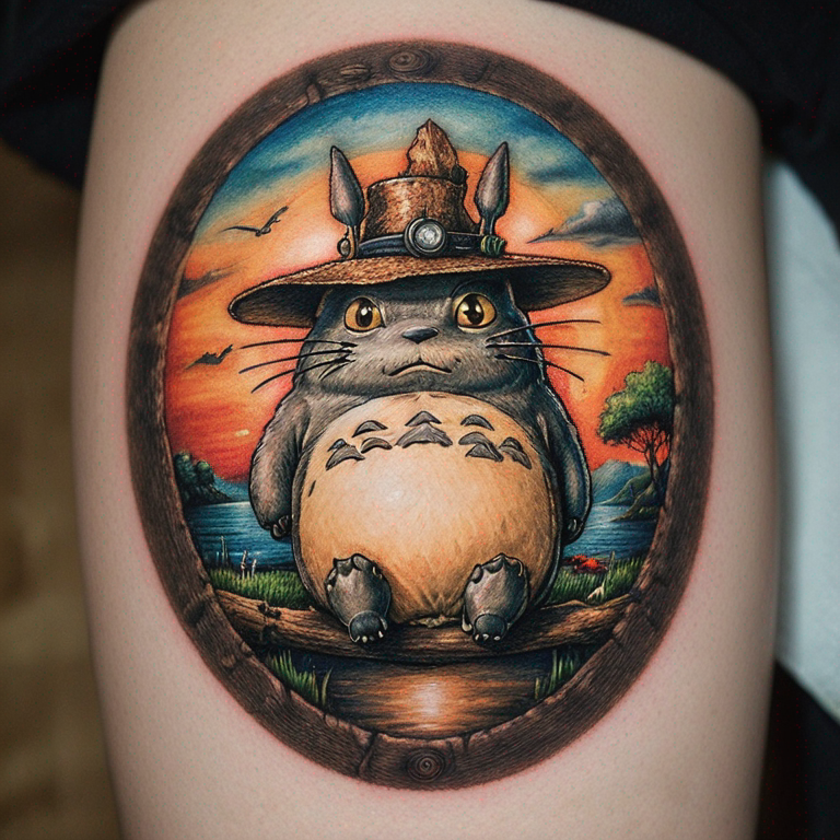 totoro avec un chapeau de paille tenant un panneau-tattoo