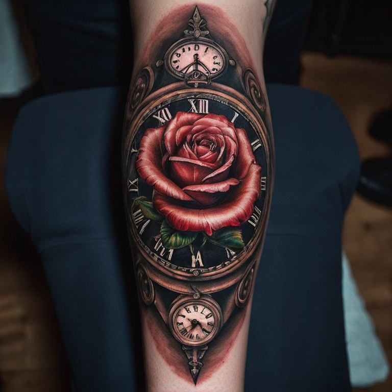 tatouage avant bras montre a gousset avec une rose en billet et une quinte flush royale de coeur-tattoo