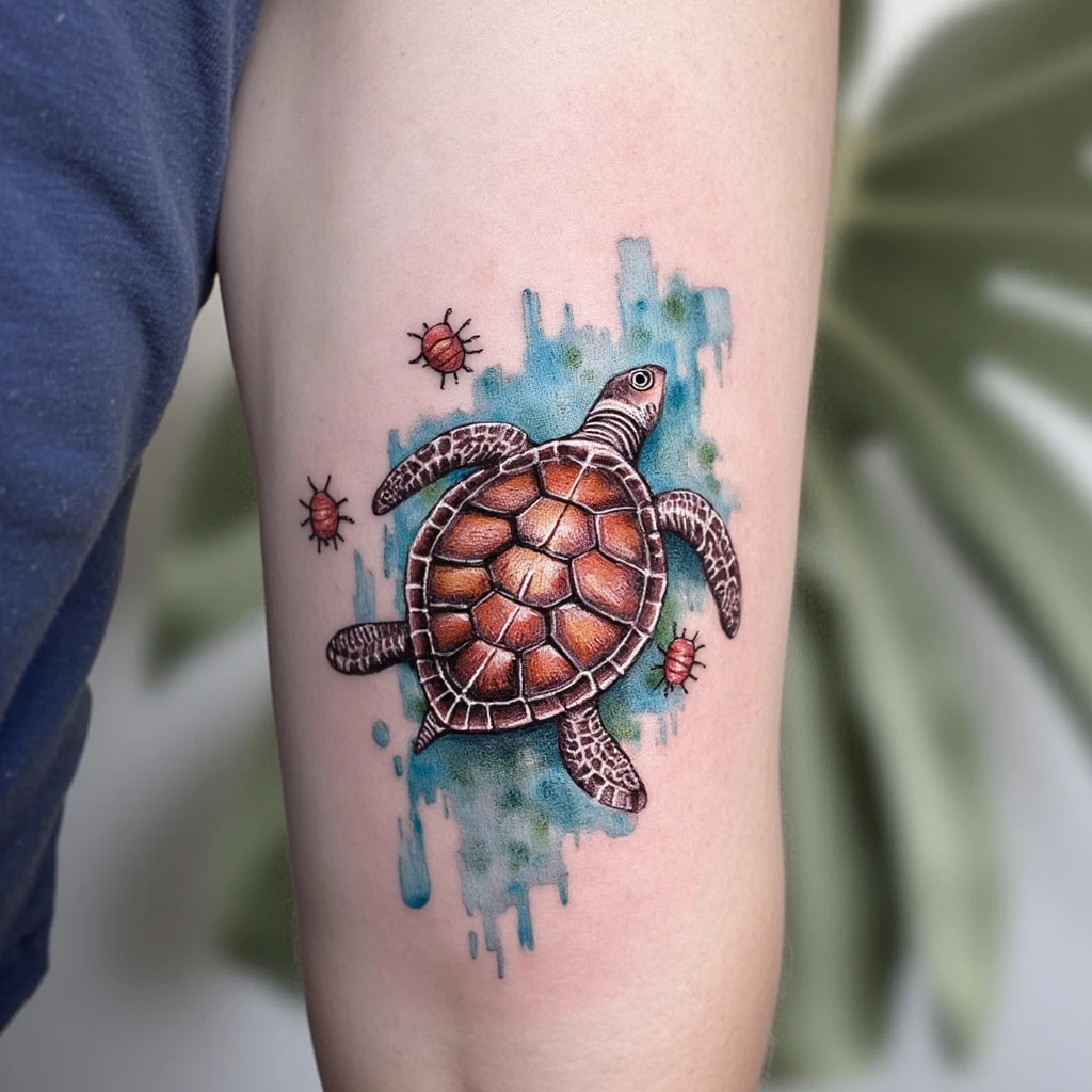 tortue de mer, J.J sur la carapace et des coquelicots-tattoo