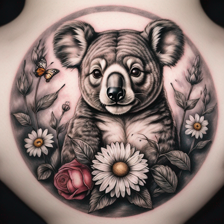 koala, husky, colibri dans un cœur de fleurs des roses, des marguerites, des soucis. Autour du cœur une abeille, deux papillons, trois libellules. Initiale M, L et T.-tattoo