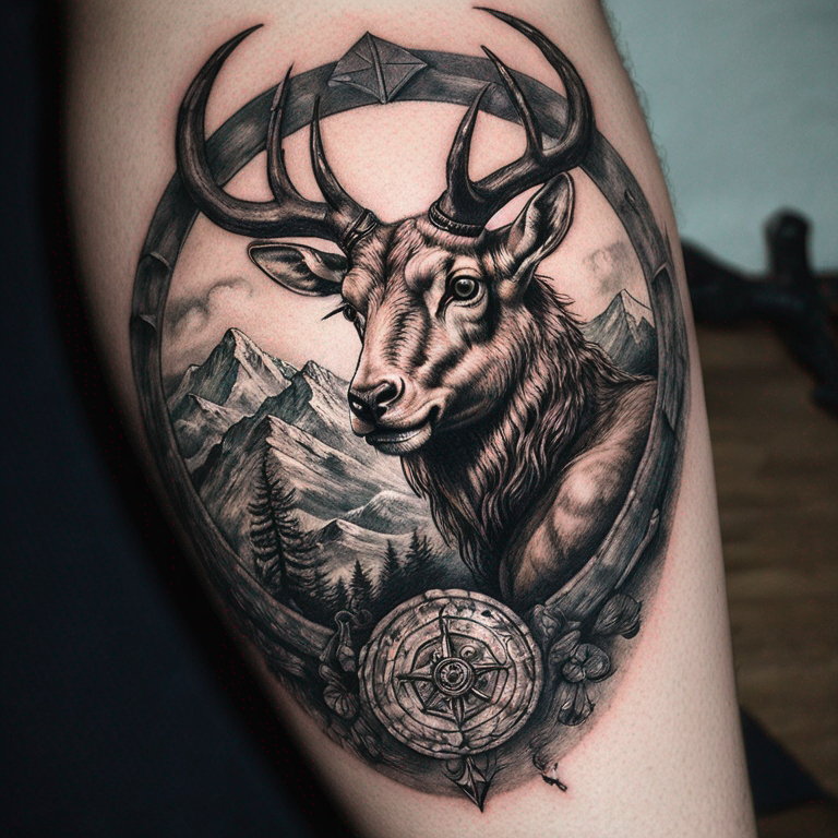 steinbock a dos piernas con montañas de fondo y el signo de cabricornio-tattoo