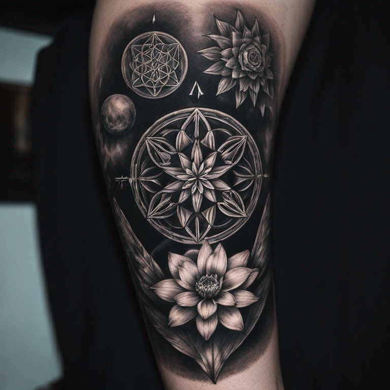 black and grey tattoo with metatron cube plus flower of life plus golden number-tattoo