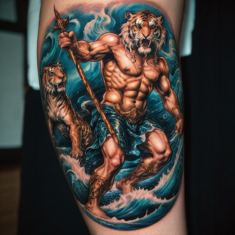 poseidon con su tridente y agua, un tigre andando, dos peses loi-tattoo