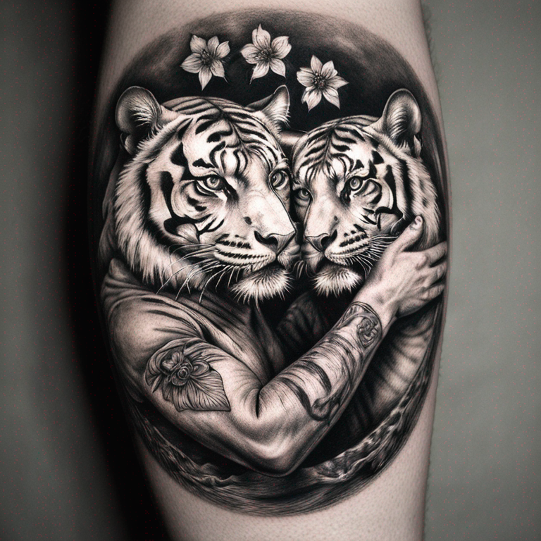 deux tigresses calins noir et blanc-tattoo