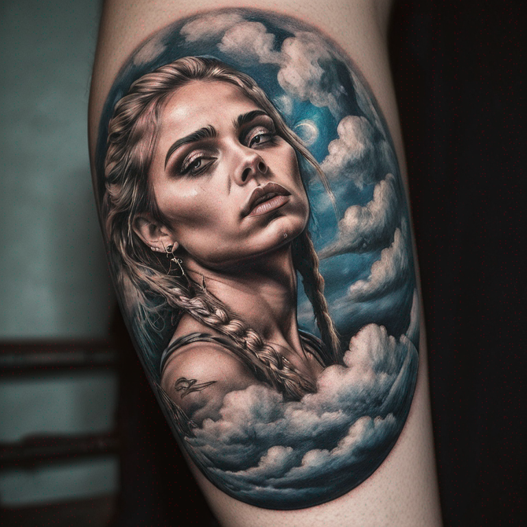 cara de una hermosa valkiria rodeada de nubes-tattoo