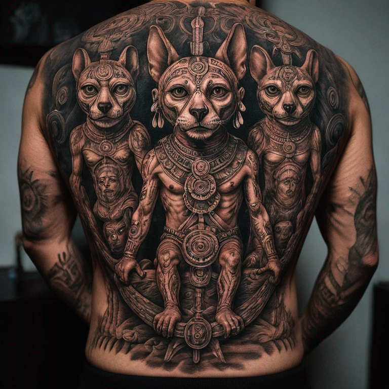 mictlantecuhtli juanto a un xoloitzcuintle y un búho-tattoo