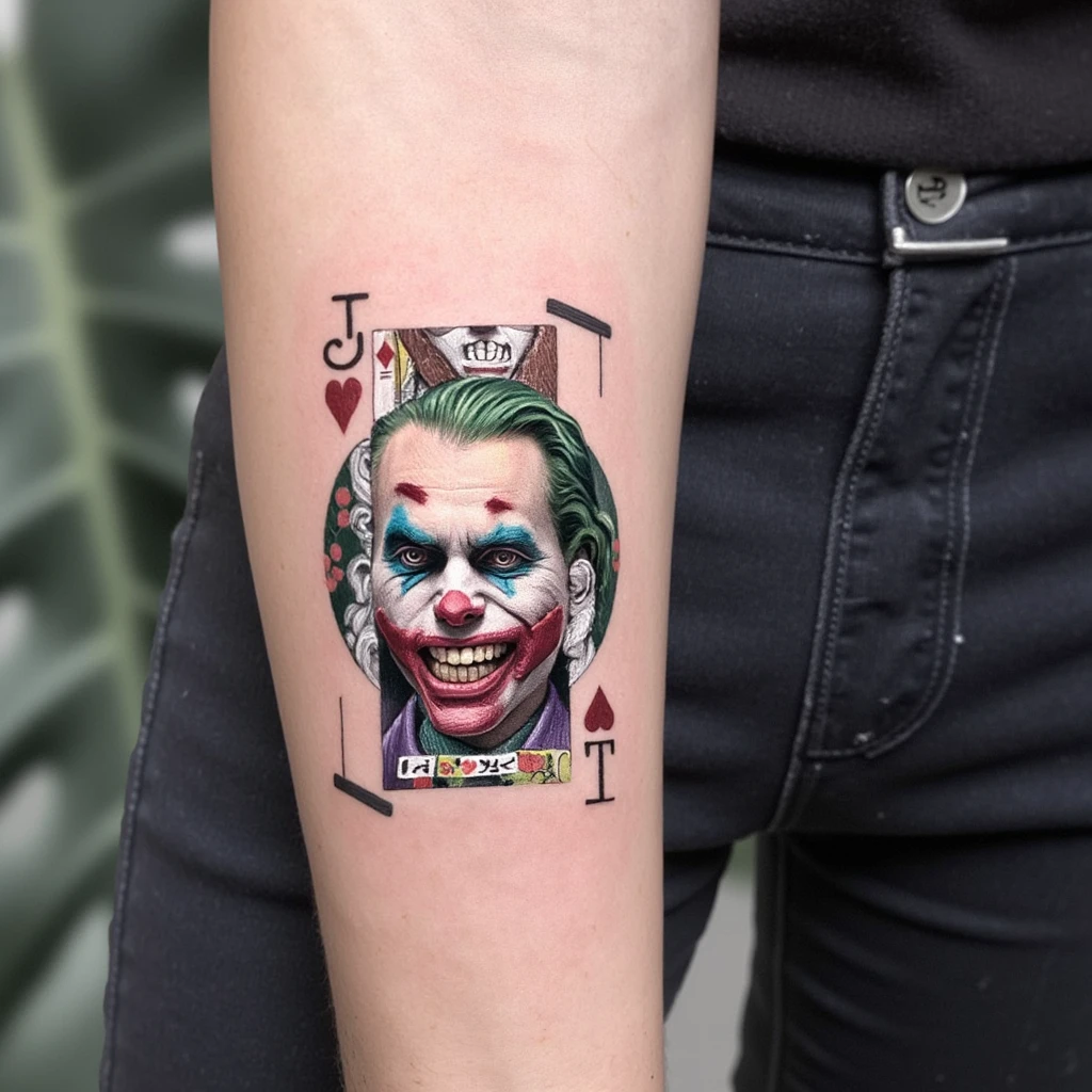 Quiero un tatuaje del joker el personaje de ficción, combinado con el joker de las cartas del poker, hecho en línea negra y que tenga elementos propios del joker como la risa hahaha-tattoo