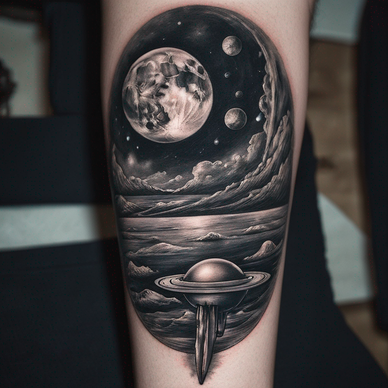 crea un tatuaje de saturno con londes en su interior y que en uno de sus anillos tenga la palabra dilo que sea sencilo y discreto-tattoo