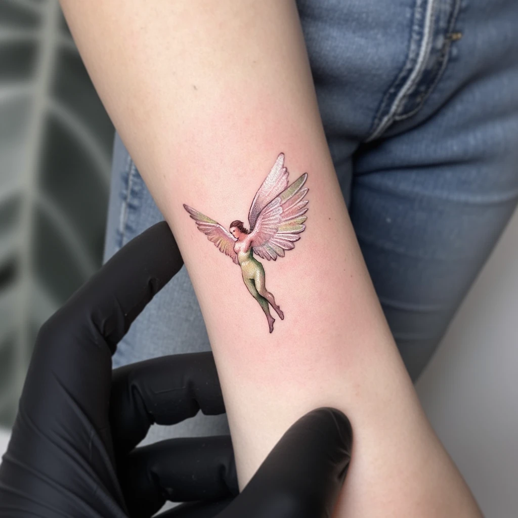 1 ail d'ange fait en plume avec une pierre tombale-tattoo