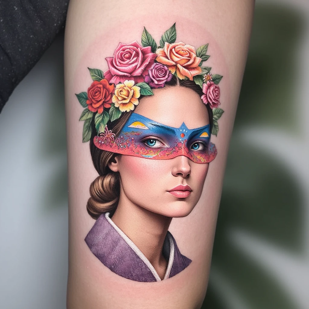 Rosto de uma mulher com uma borboleta com as asas abertas acima dos olhos dela, na cabeça uma coroa tribal e abaixo do rosto flores acompanhando o contorno do queixo-tattoo