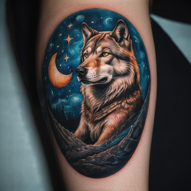 rostro de lobo solitario con la luna llena a color-tattoo