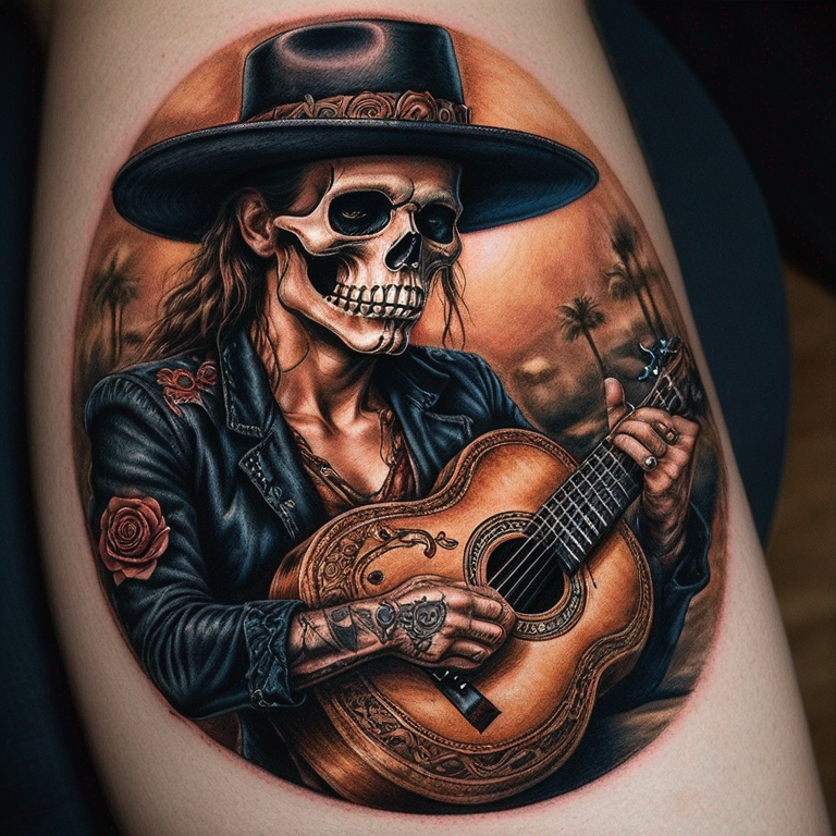 Forajido de perfil medio cuerpo tocando la guitarra. El sombrero tapa medio rostro de calavera tocando guitarra. Imagen realista fina y elegante-tattoo