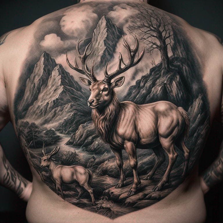 steinbock a dos piernas con montañas de fondo y el signo de capricornio en el homoplato-tattoo