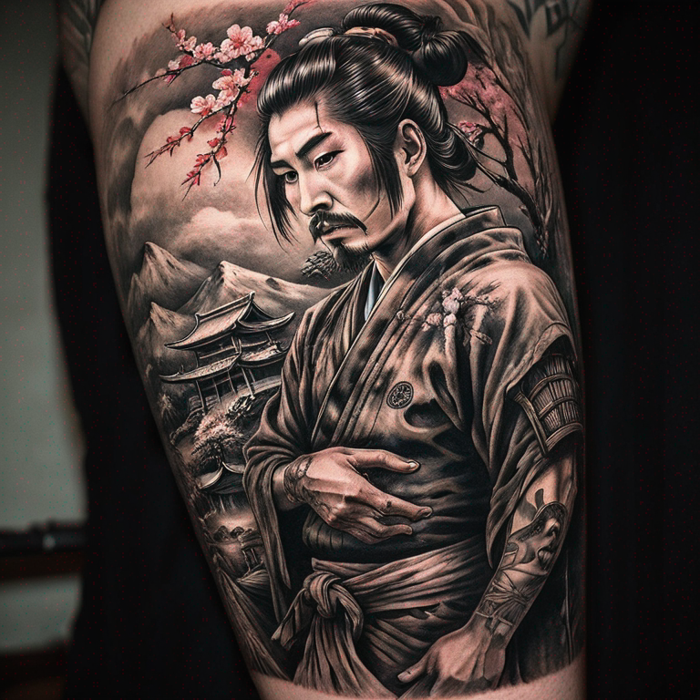 samurai + geisha abrazados en paisaje japones tatuaje brazo derecho-tattoo