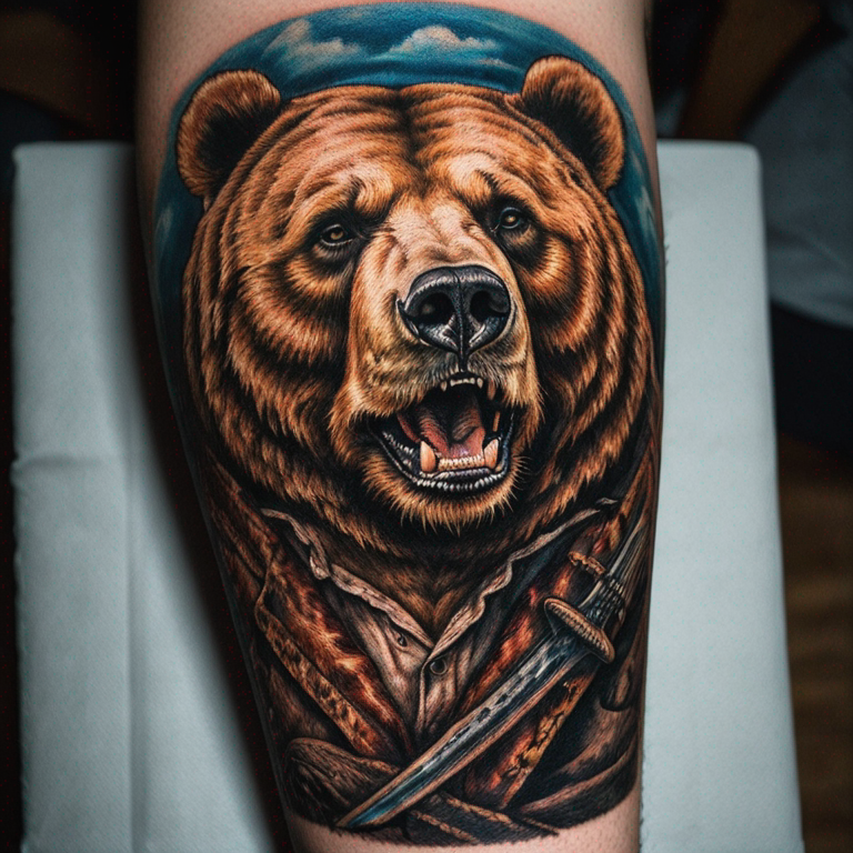 Un oso sangrando rasgando un letrero de peligro-tattoo