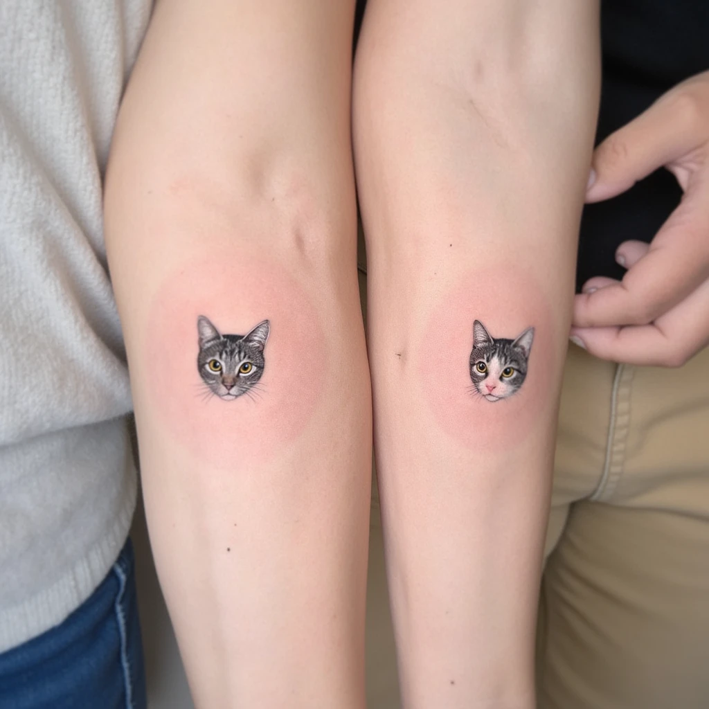 Tatouage sur 3 bras différents entre frères et sœurs. Le tatouage est à chaque fois un petit chat, mais dans une position différente-tattoo