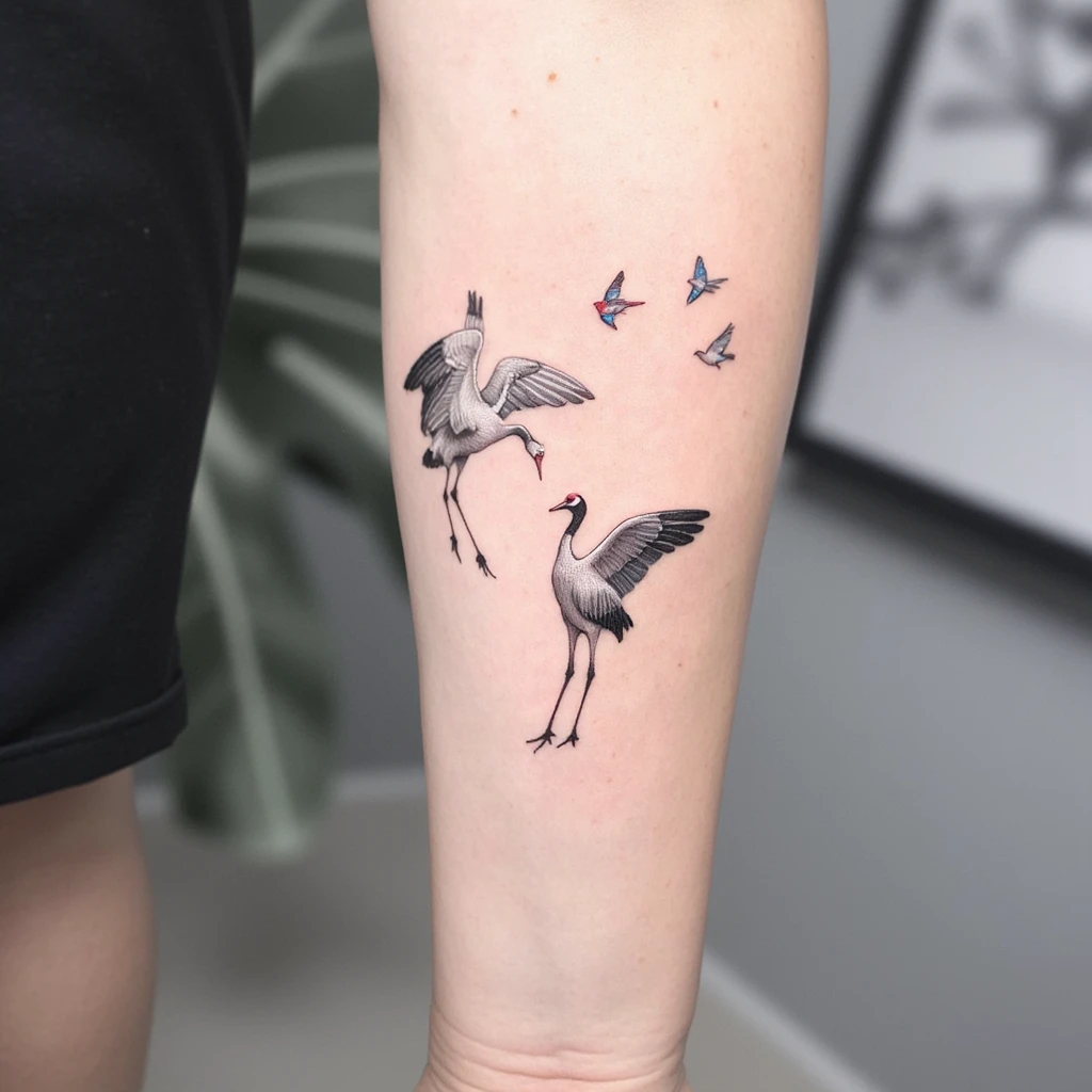 2 cranes humains réalistes l,un au dessus de l'autre  avec des ailes d'oiseaux qui sortent du premier crane et de la fumer-tattoo