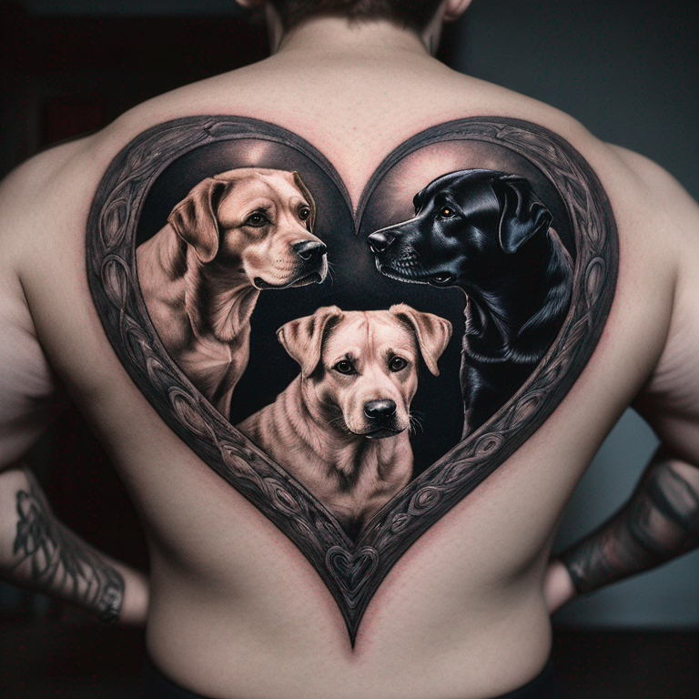 empreintes de trois pattes de chiens et un petit coeur pour remplacer la quatrième patte et le signe de l'infini pour réunir les trois empreintes et le coeur-tattoo